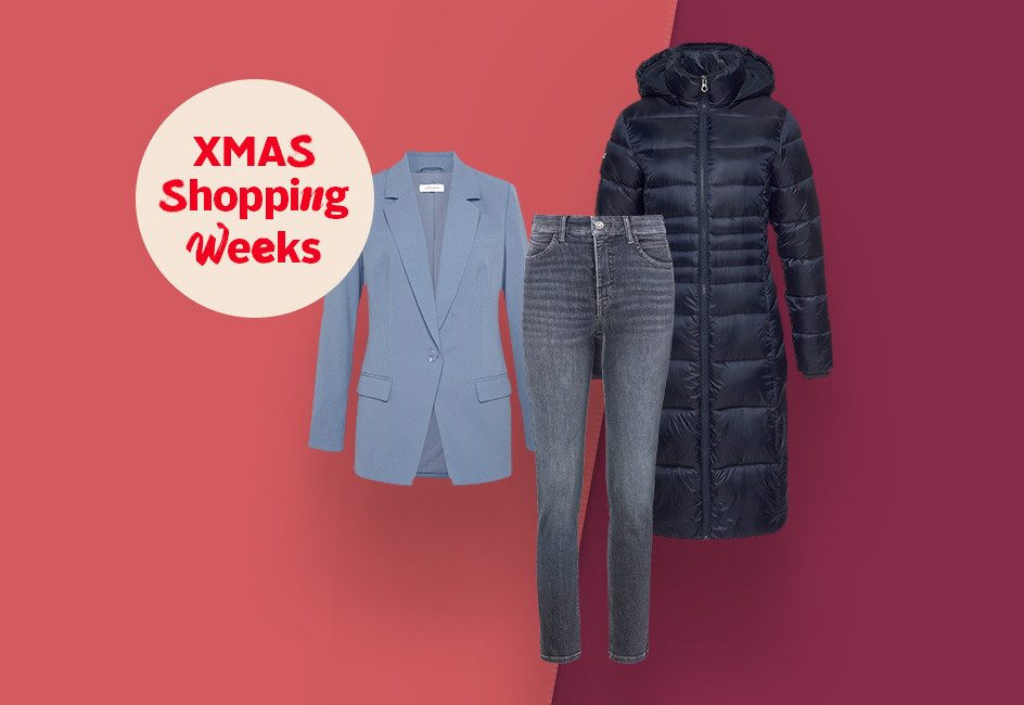 Ein Blazer, eine Jeans und ein Wintermantel. Daneben ein Störer mit "XMAS Shopping Weeks".