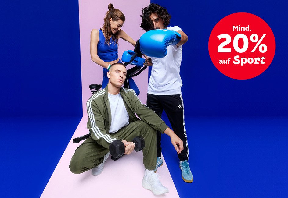 Eine Frau und zwei Männer in Sportbekleidung und einen Störer, in dem "Mindestens 20% auf Sport" steht.