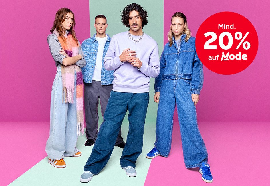 Vier modisch gekleidete Personen, daneben ein Störer mit "Mindestens 20% auf Mode".