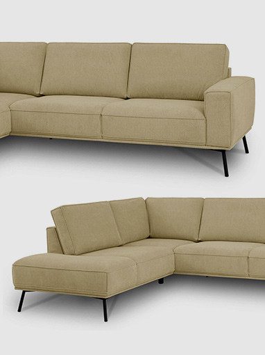 Beiges Ecksofa mit geraden Linien und schwarzen Beinen, bestehend aus einem zweisitzigen und einem dreisitzigen Element.