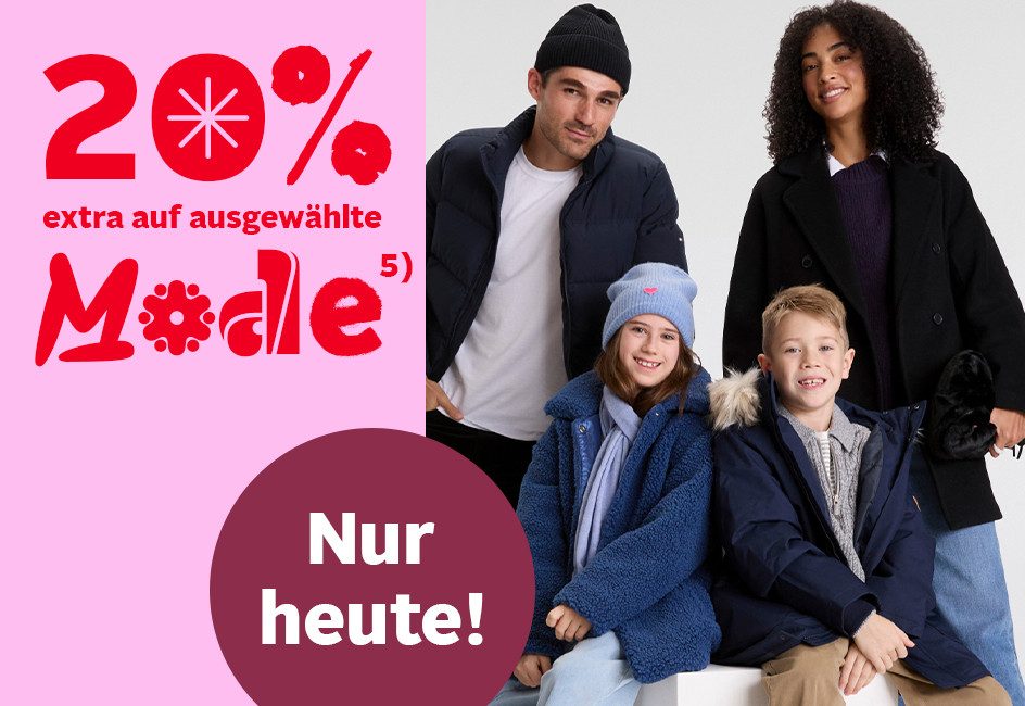 Gruppe von Personen in modischer Kleidung mit Hinweis „20% extra auf ausgewählte Mode“ und „Nur heute!“.