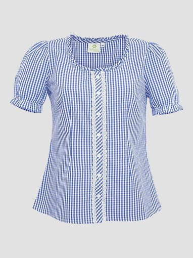 Blau-weiß karierte Dirndlbluse mit Spitzenbesatz.
