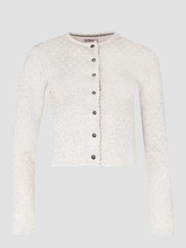 Weißer Cardigan mit Knöpfen.