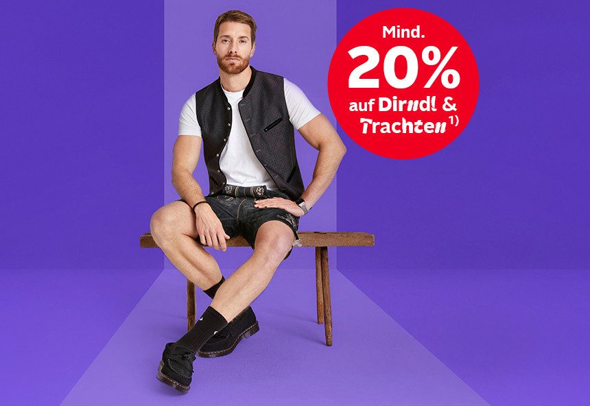 Model mit Trachten-Look, roter Kreis "Mind. 20% auf Dirndl & Trachten".