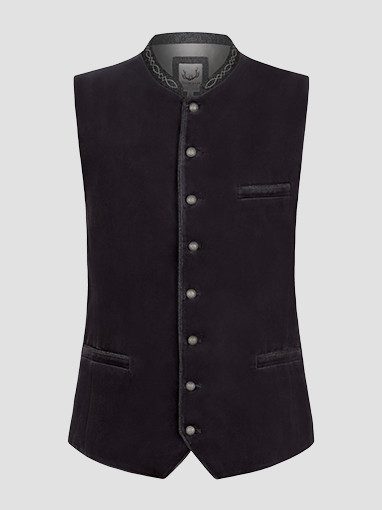 Schwarze Trachtenweste mit Stehkragen und Knöpfen.