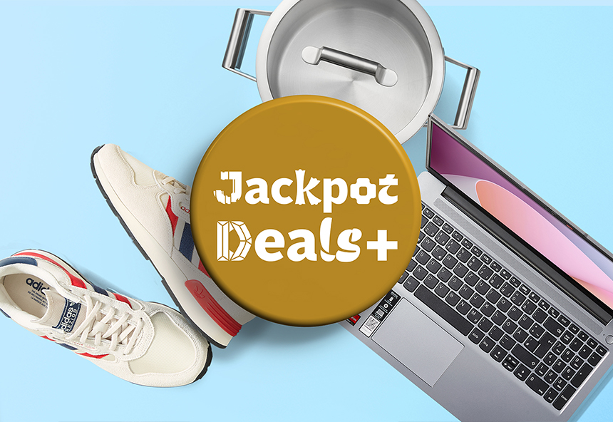 Verschiedene Artikel: Adidas Sneaker, Topf und Laptop mit goldenem Button: Jackpot Deals+.