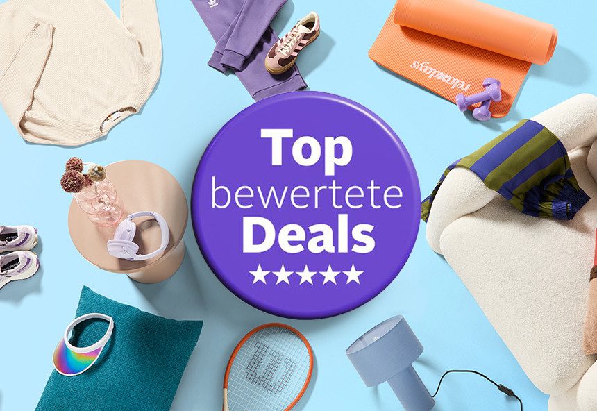 Eine Auswahl von Legernn verschiedener Sortimente auf hellblauem Hintergrund. Ein Textbutton in lila: Top bewertete Deals