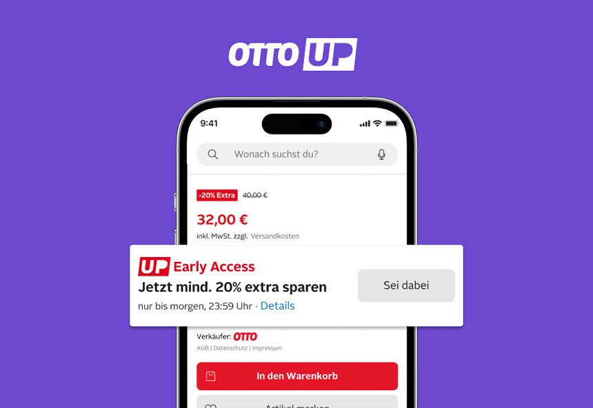 Smartphone mit OTTO UP Early Access Angebot auf dem Bildschirm.
