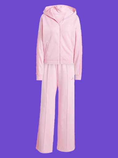 Rosa Adidas Trainingsanzug mit Kapuzenjacke und Schlaghose.