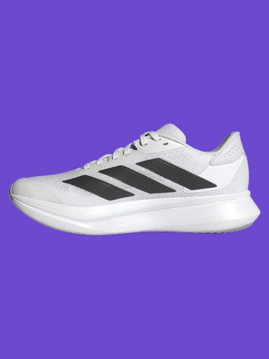 Weiße Adidas Laufschuhe mit schwarzen Streifen.