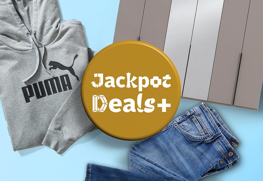 Verschiedene Artikel mit goldenem Button: Jackpot Deals+.