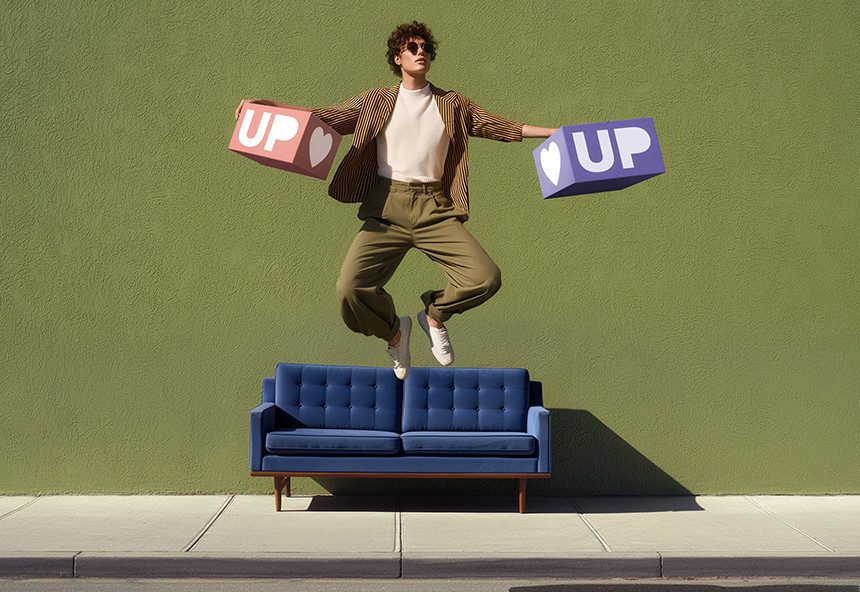 Eine Person springt vor einer grünen Wand über ein blaues Sofa. Sie trägt eine braun gestreifte Jacke, eine helle Bluse und olivgrüne Hosen. In jeder Hand hält sie einen Würfel, auf dem „UP“ und ein Herzsymbol zu sehen sind.