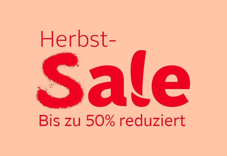 Der Text auf orangefarbenem Hintergrund lautet: "Herbst-Sale. Bis zu 50% reduziert."