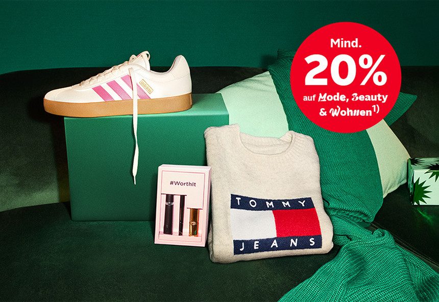 Sneaker, Pullover, Kosmetikset und roter Kreis mit "Mind. 20% auf Mode, Beauty & Wohnen".