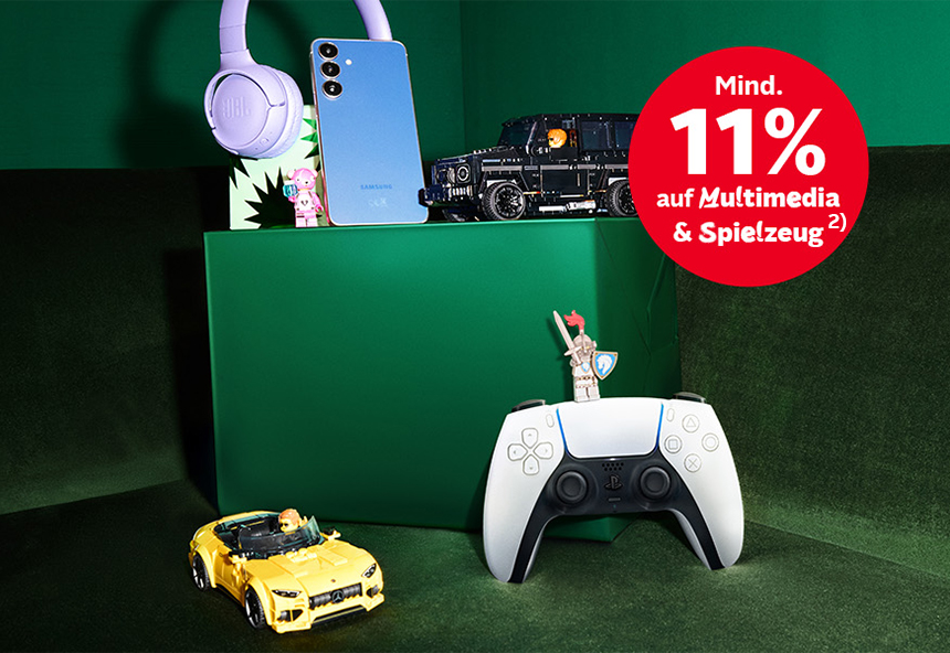 Kopfhörer, Handy, Spielzeugauto, Spielfigur, Gamecontroller und roter Kreis mit "Mind. 11% auf Multimedia & Spielzeug".