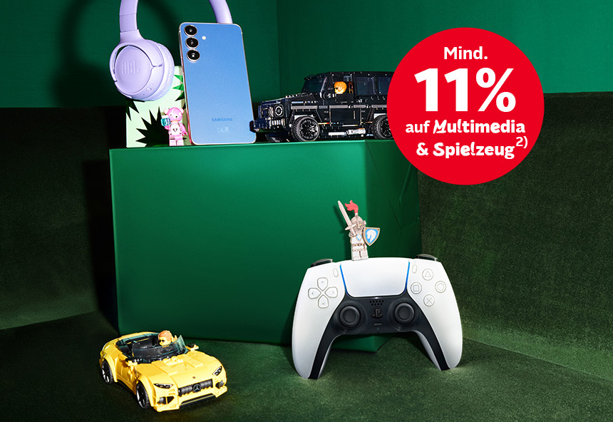 Kopfhörer, Handy, Spielzeugauto, Spielfigur, Gamecontroller und roter Kreis mit "Mind. 11% auf Multimedia & Spielzeug".