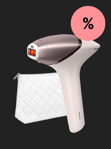 Philips Lumea IPL Gerät mit Tasche und rosa Prozentzeichen-Kreis.