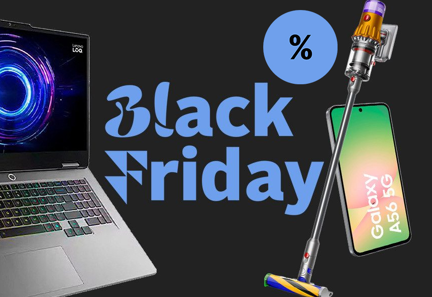 Laptop, Staubsauger, Smartphone, "Black Friday" und blauer Prozentzeichen-Kreis.