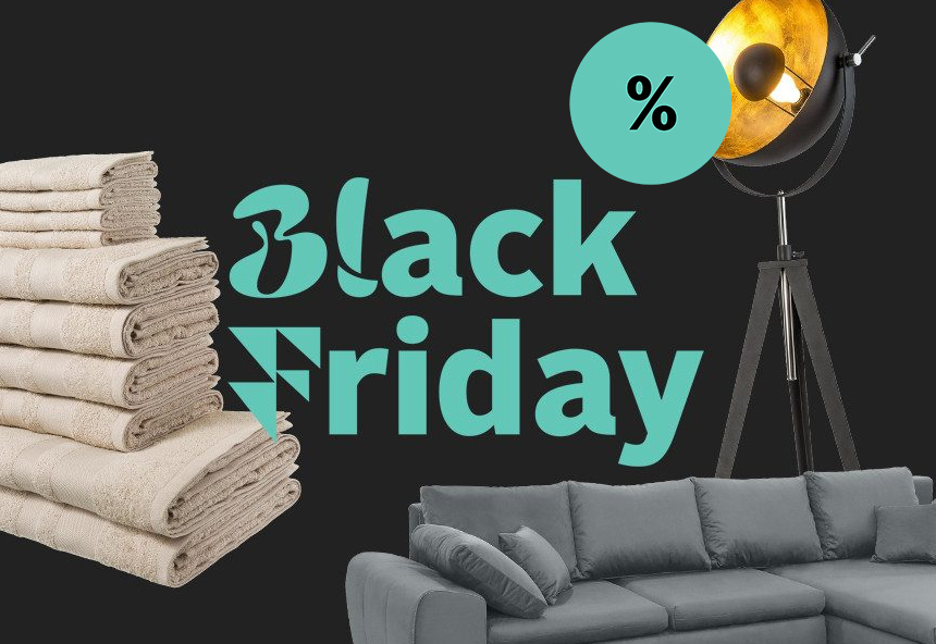 Handtücher, Stehlampe, graues Sofa, "Black Friday" und türkiser Prozentzeichen-Kreis.