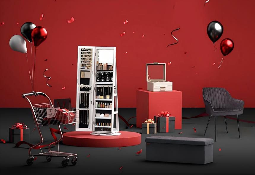 Dekorative Szene mit einem Schmuckständer, Schmuckkästchen und Stuhl.