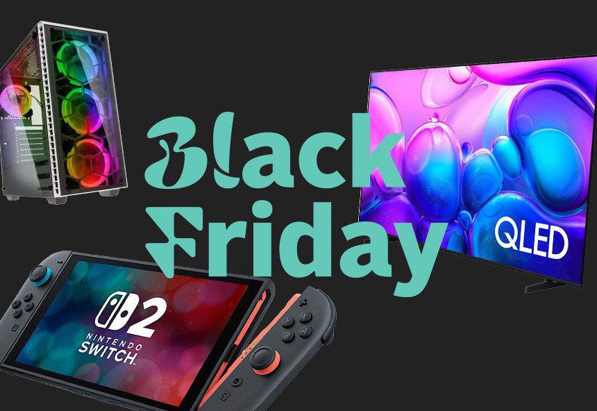 Black Friday Schriftzug in mint, daneben Gaming-Computer, eine Nintendo Switch Konsole und ein QLED-Fernseher
