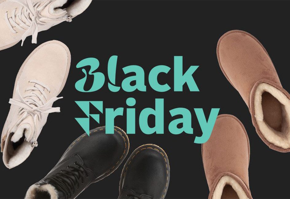verschiedene Schuhe vor schwarzem Hintergrund mit Schriftzug "Black Friday"