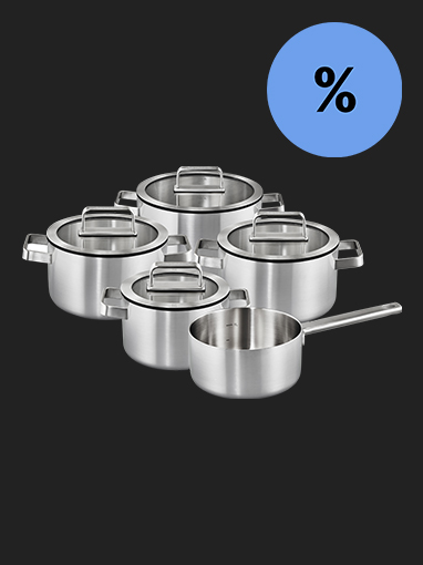 Edelstahl Topfset mit Glasdeckeln, blauer Prozent-Kreis.