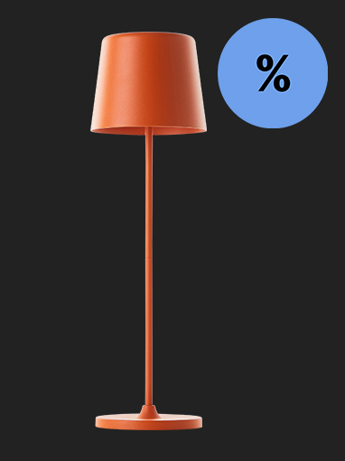 Orangefarbene Stehlampe, blauer Prozent-Kreis.