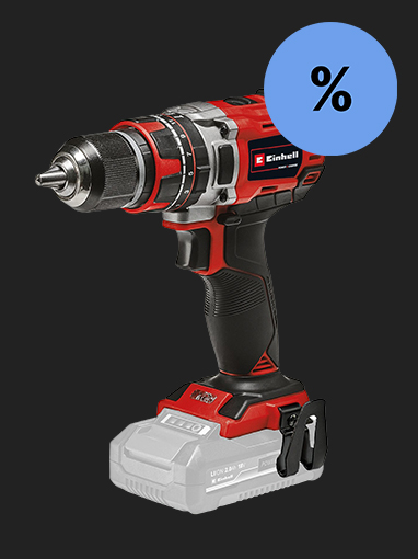 Roter Einhell Akku-Bohrschrauber mit Akku, blauer Prozent-Kreis.