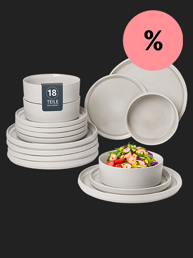 18-teiliges Geschirrset in Grau mit Salat, rosa Prozentzeichen für Rabatt.