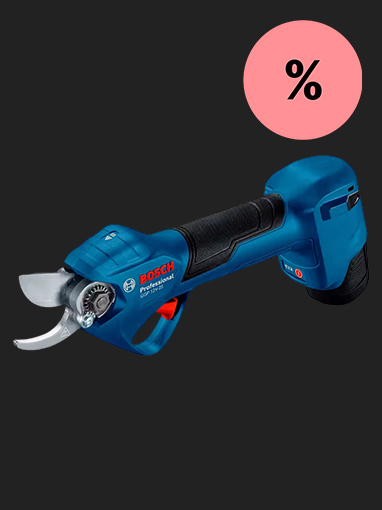 Blaue Akku-Gartenschere von Bosch Professional, rosa Prozentzeichen für Rabattaktion.