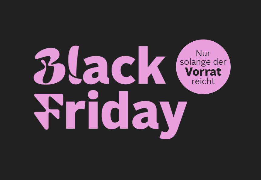 Schwarzer Hintergrund mit pinkem "Black Friday" Schriftzug und Hinweis "Nur solange der Vorrat reicht".