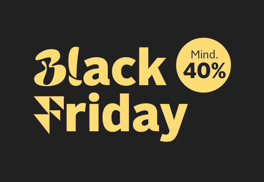 Schwarzer Hintergrund mit gelbem "Black Friday" Text und "Mind. 40%".