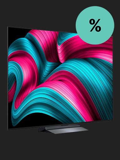 Moderner Fernseher mit buntem Display, grüner Prozent-Kreis für Sonderangebote.