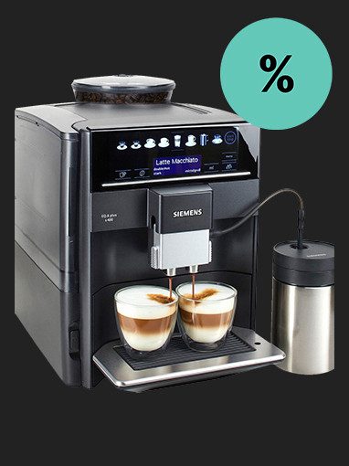 Siemens Kaffeevollautomat mit zwei Latte Macchiato, grüner Prozent-Kreis für Rabatt.