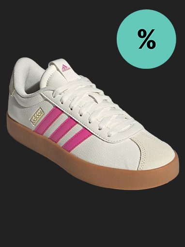 Weißer Adidas Sneaker mit pinken Streifen, grüner Prozent-Kreis für Sale.