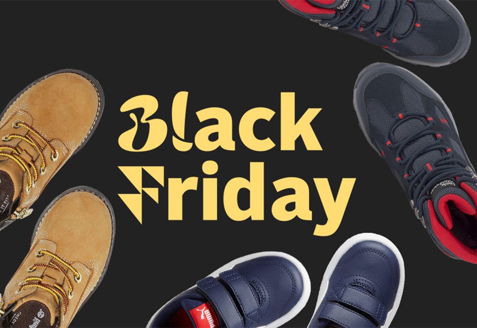 verschiedene Kinderschuhe auf schwarzem Grund mit Schriftzug "Black Friday"