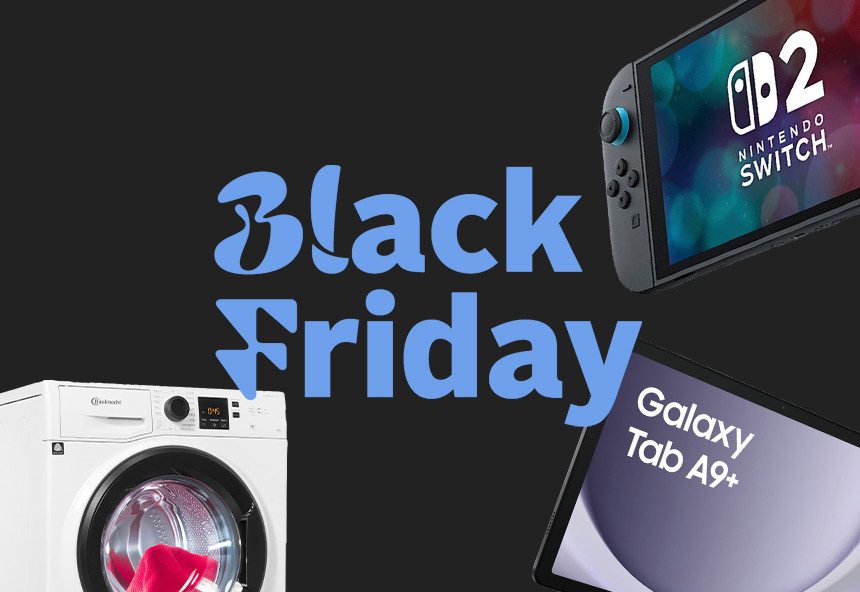 Black Friday Werbung: Waschmaschine, Tablet, Nintendo Switch mit Rabatt-Symbol.