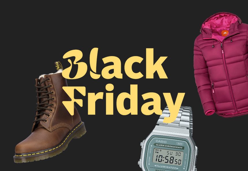 Black Friday: Stiefel, Uhr, Jacke im Angebot mit gelbem Rabatt-Symbol.