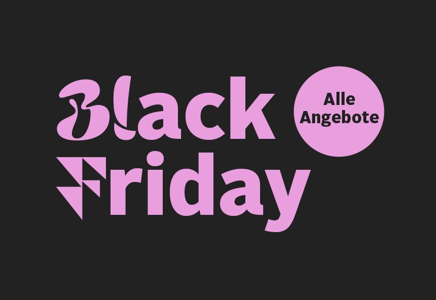 Schwarzer Hintergrund mit pinkem "Black Friday Alle Angebote" Schriftzug.