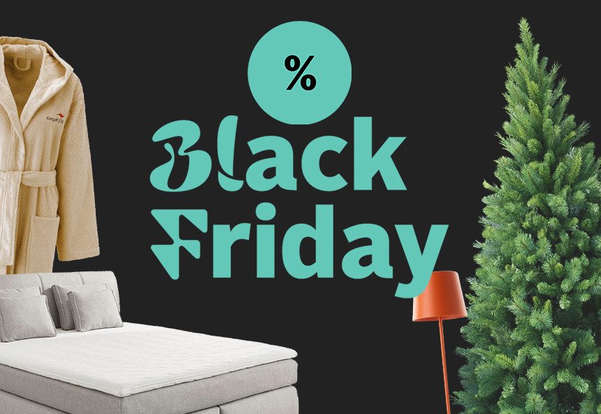 Black Friday: Bademantel, Bett, Tannenbaum, Lampe mit Rabatt-Symbol in Türkis.