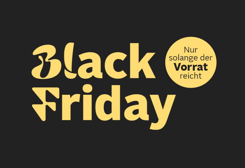 Schwarzer Hintergrund mit gelben "Black Friday Nur solange der Vorrat reicht" Schriftzug.