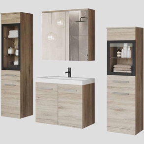 Badmöbel-Set mit Waschbecken und 2 Hänger und Spiegelschrank in eiche san remo