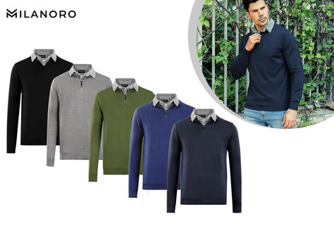 Herrenpullover mit kariertem Kragen und halbem Rei&szlig;verschluss