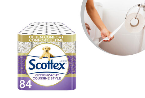 Vorteilspaket mit 84 Rollen Scottex kissenweiches 3-lagiges Toilettenpapier