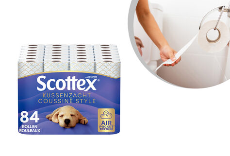 Vorteilspaket mit 84 Rollen Scottex kissenweiches 3-lagiges Toilettenpapier