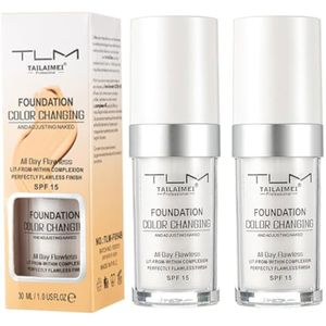 Base de maquillaje TLM que cambia de color, cobertura impecable, fórmula ligera, se adapta al tono