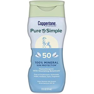 Coppertone Loción solar mineral de óxido de zinc puro y simple SPF 50, protector solar corporal,