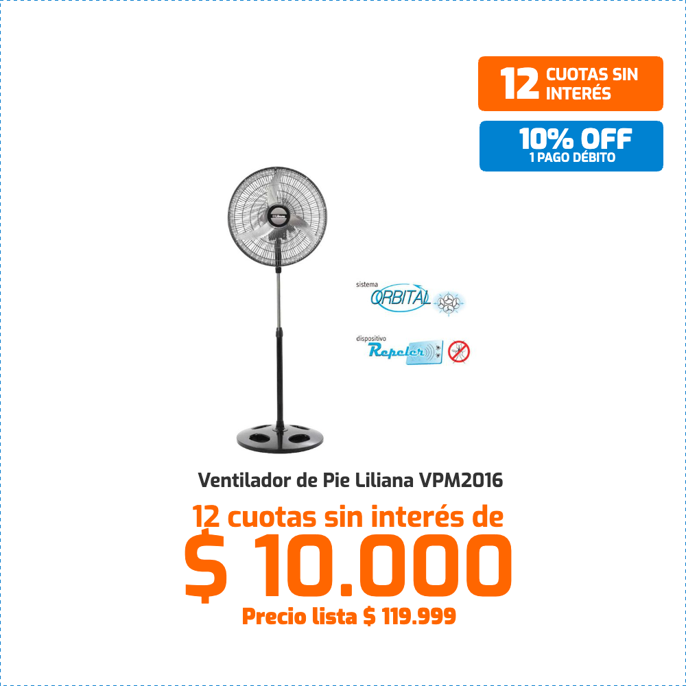 Ventilador de pie Liliana VPM2016 20 pulgadas orbital con repeler, 3 aspas metálicas y barral telescópico