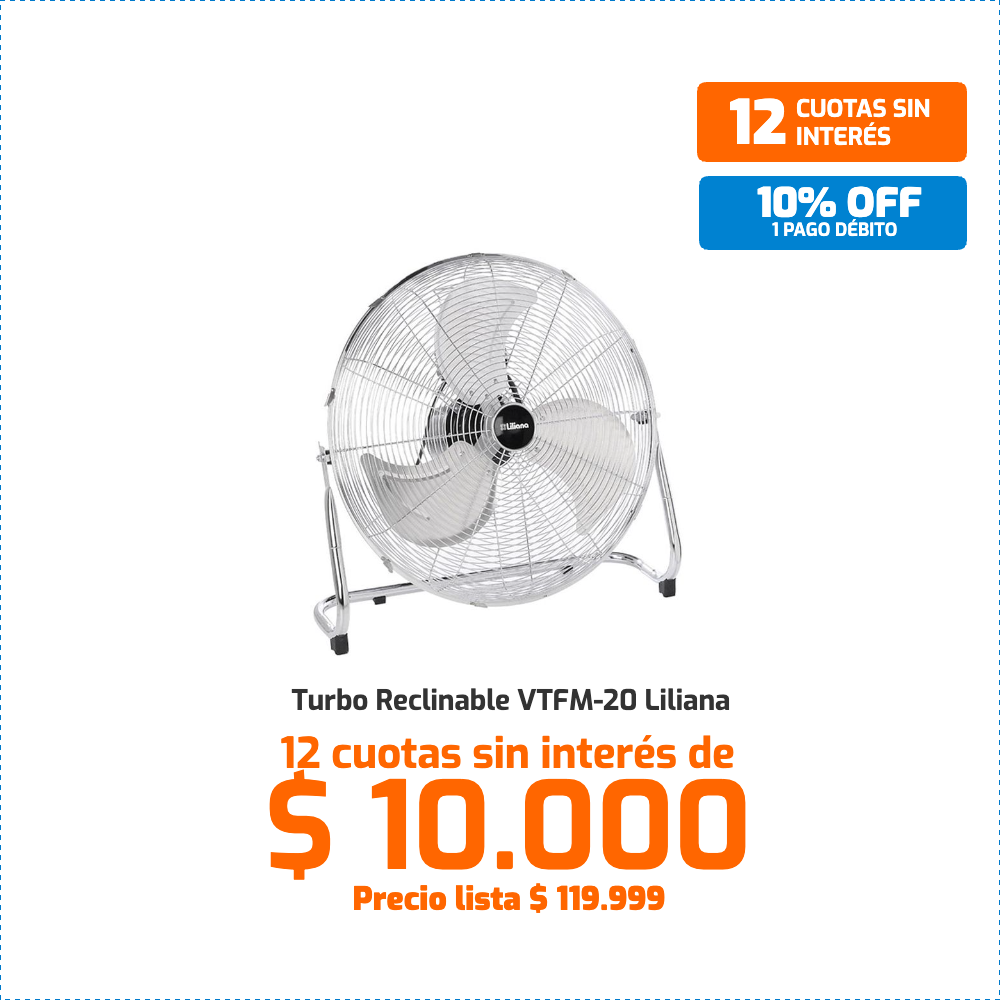 Ventilador turbo reclinable Liliana modelo VTFM-20 con parrilla cromada y 3 aspas metálicas